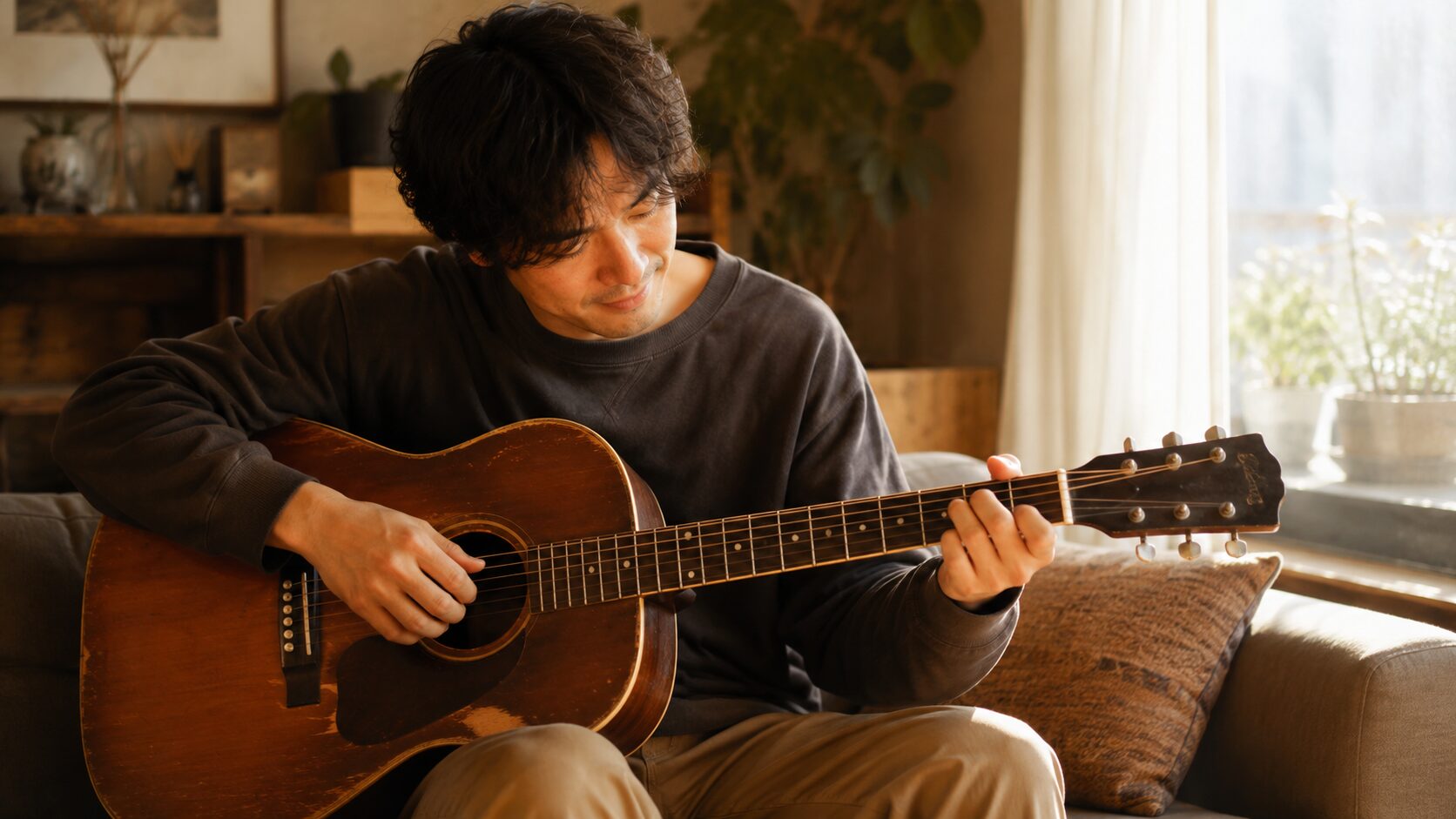 ソファに座って年季の入ったアコースティックギターを練習する人