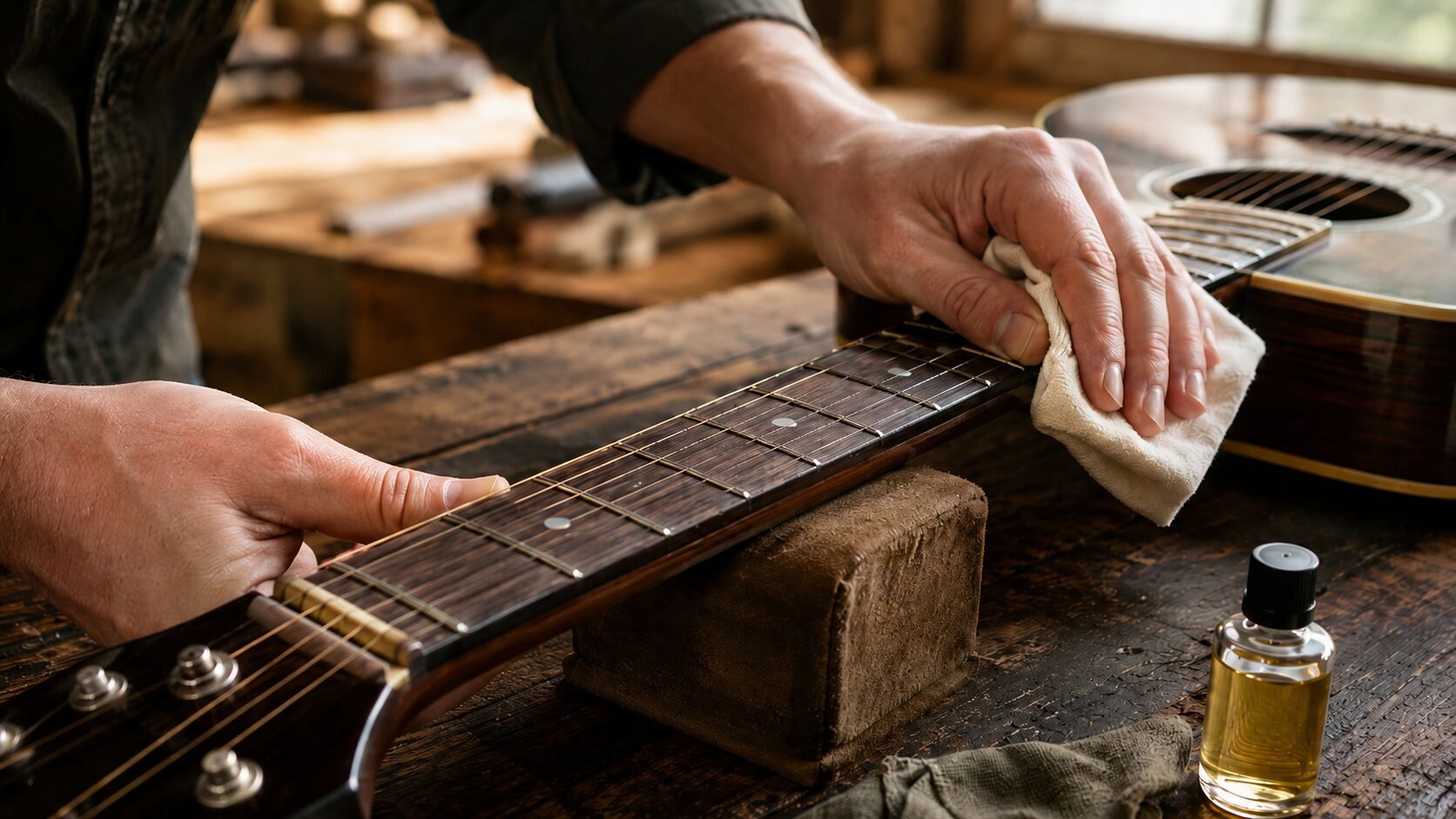 クロスとオイルでギターの指板を清掃する手元