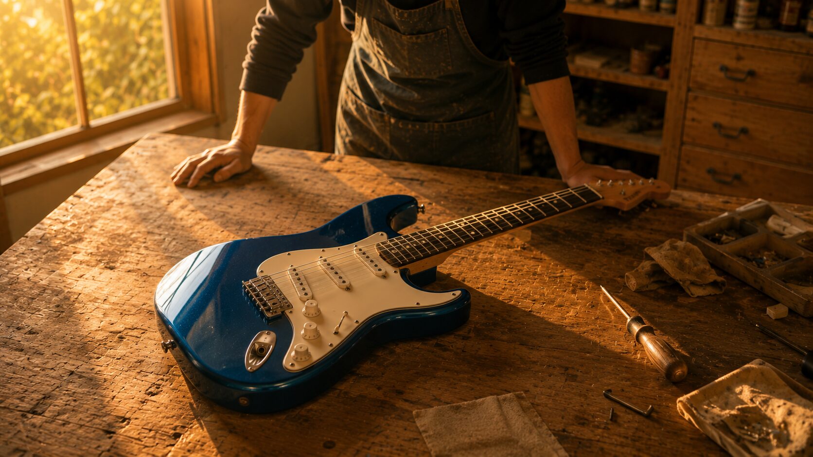 組み上がった青いエレキギターを作業台で眺める完成の瞬間