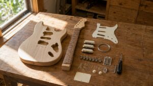 組み立て前のエレキギターキット。無塗装ボディ・ネック・ピックガード・パーツ一式が作業台に並ぶ