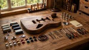 エレキギター本体と交換用パーツ（ピックアップ・ペグ・ノブ・配線）と工具が並ぶ作業台