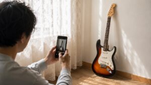窓際の自然光の中でスマートフォンを使ってギターを撮影している様子