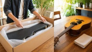 宅配買取に向けてギターケースを段ボールに梱包する様子と手入れされたアコースティックギター