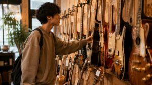 中古楽器店で壁に並んだギターを眺めて手に取ろうとしている初心者