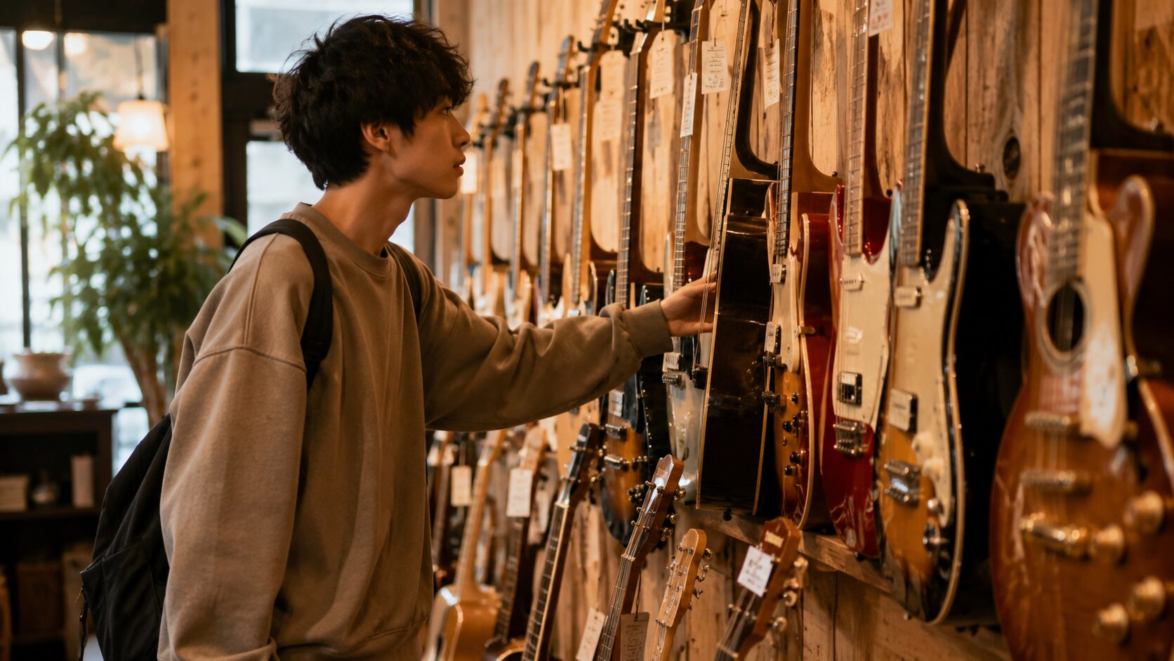 中古楽器店で壁に並んだギターを眺めて手に取ろうとしている初心者