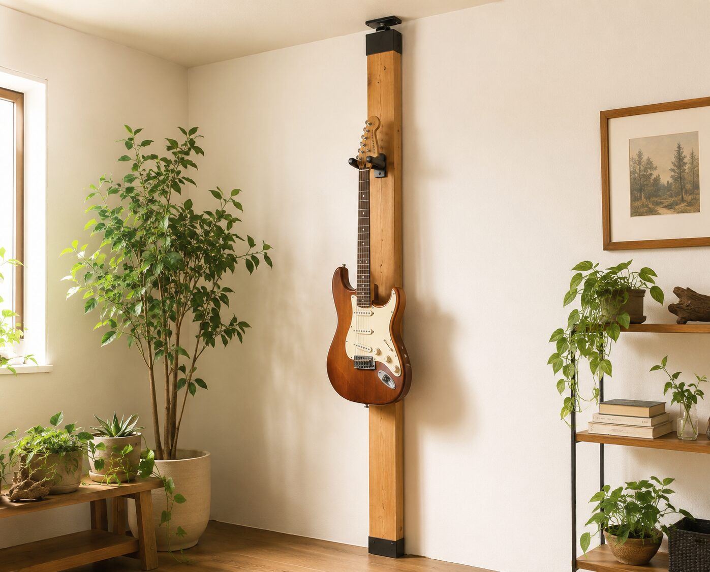 2×4材の突っ張り柱にギターを1本壁掛けしたナチュラルな部屋（イメージ）