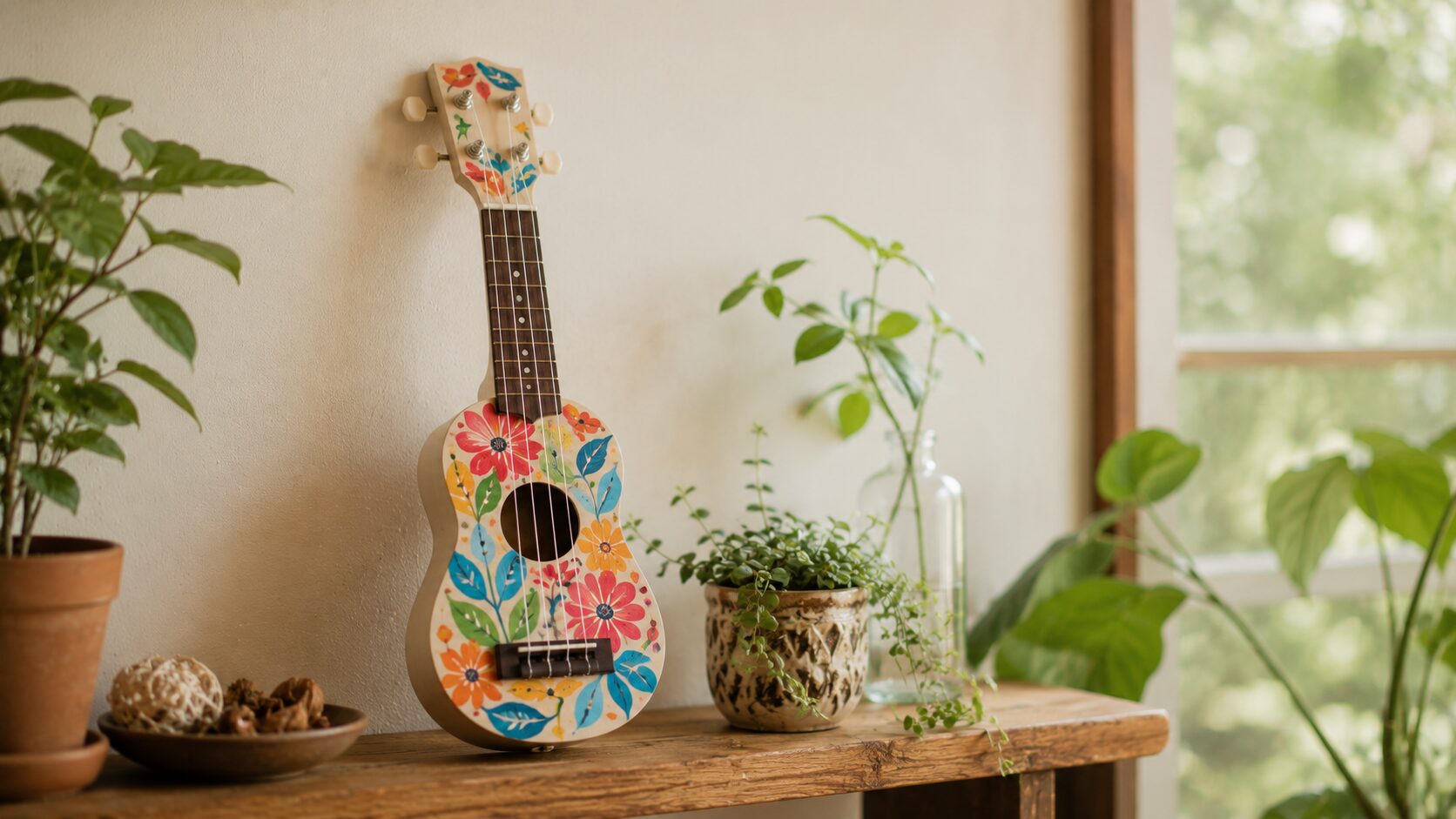 花柄にペイントされた手作りウクレレが観葉植物のある棚に飾られている