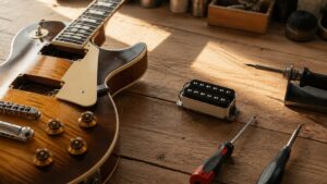 ピックガードを外したエレキギターと新品ハムバッカー、ハンダごて、ドライバーが並ぶ作業台