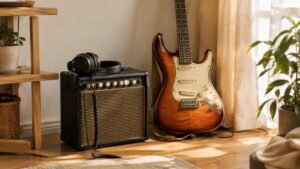 部屋の床の小型ギターアンプとヘッドホン、立てかけられたエレキギター