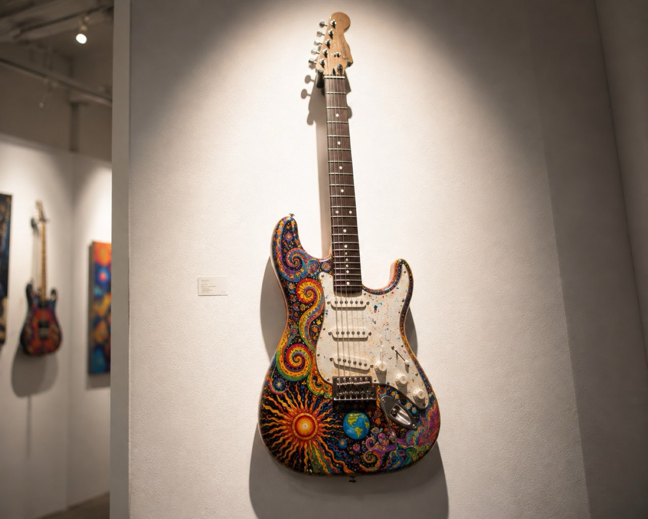 ギャラリーの白壁に展示されたアートギター