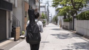 ギグバッグを背負って街を歩く人物の後ろ姿