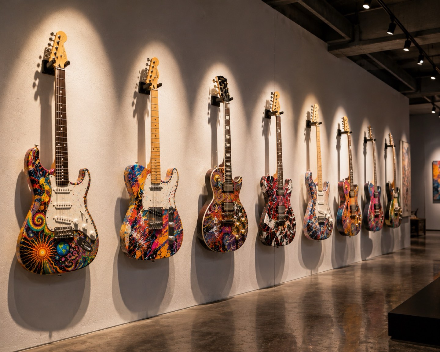 壁に並べて展示された複数本のアートギター