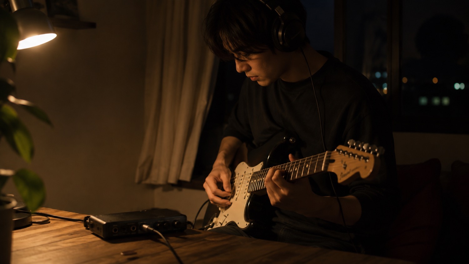 夜の部屋でヘッドホンをつけてエレキギターを弾く人物とオーディオインターフェース