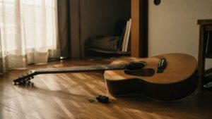 賃貸の部屋の床に置かれたアコースティックギターと、そばに置かれた消音ピックと弱音器